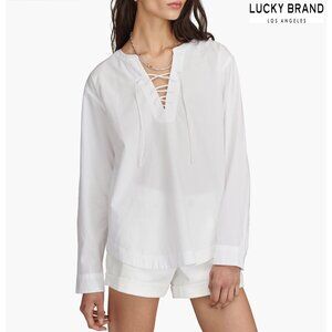LUCKY BRAND NWT OVERSIZED LACE-UP L/S BRIGHT WHITE COTTON SHIRT. SIZE L